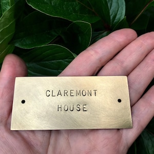 Brass Door Plaque Small Personalized Aged Nameplate for Door or Letterbox with holes Hand Stamped 8x3.5 cm  / 3x1.4 in, Arial uppercase font