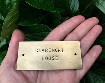 Brass Door Plaque Small Personalized Aged Nameplate for Door or Letterbox with holes Hand Stamped 8x3.5 cm  / 3x1.4 in, Arial uppercase font