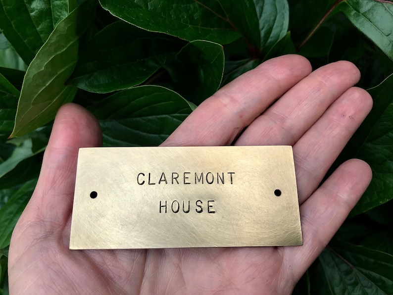 Brass Door Plaque Small Personalized Aged Nameplate for Door, Letterbox 2 holes Hand Stamped 8x3.5cm, 1.5mm thick, Arial 4mm uppercase font