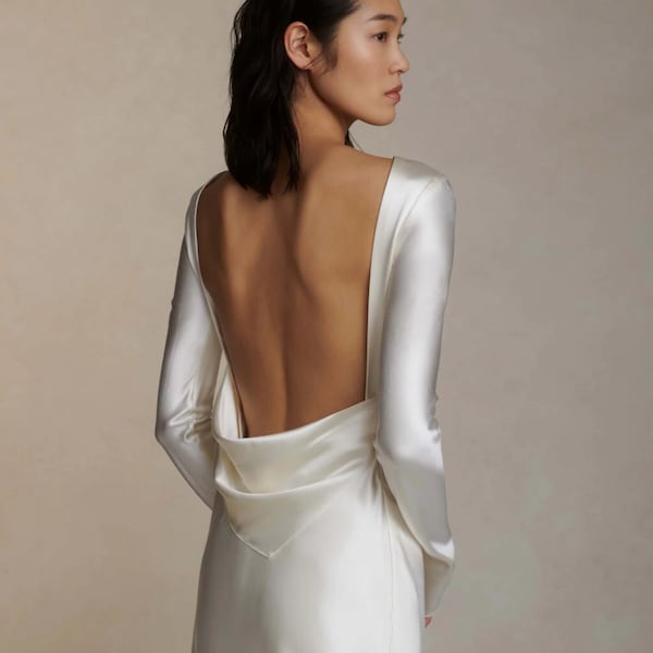 Simple long sleeve wedding dress Open back satin wedding gown Minimalist square neck wedding dress Boho wedding dress long sleeve AMINA