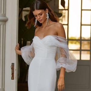 Off-the-shoulder crepe wedding dress Fit and flare bridal gown Open back Modern minimalist off shoulder long sleeve wedding dress DIANA