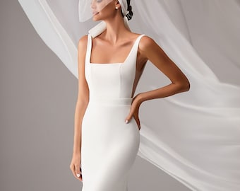 Minimalist square neck crepe wedding Open back dress Modern fitted wedding dress Sleeveless sheath wedding gown Simple wedding dress HANNA