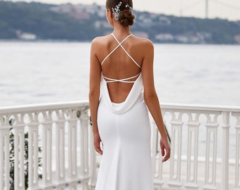 Open back minimalist slip wedding dress Sleeveless Simple beach wedding dress with train Boatneck Sheath deep V back wedding gown HELEN