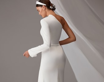One shoulder crepe wedding dress Minimalist sheath wedding dress Modern fitted wedding dress Long sleeve wedding dress Custom wedding gown