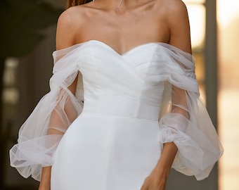 Off the shoulder fitted wedding dress Sweetheart neckline Modern wedding gown Open back beach wedding dress Long puffy sleeve DIANA