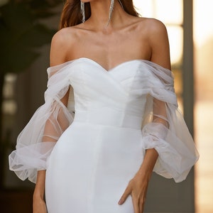 Off the shoulder fitted wedding dress Sweetheart neckline Modern wedding gown Open back beach wedding dress Long puffy sleeve DIANA