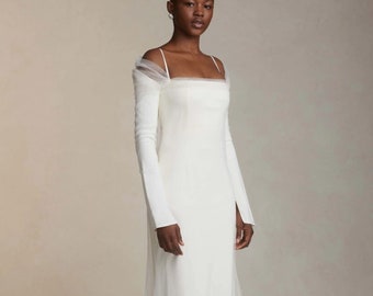 Modern square neck wedding dress Off the shoulder wedding dress Minimalist tulle wedding dress Long sleeves Simple sheath wedding dress LUNA