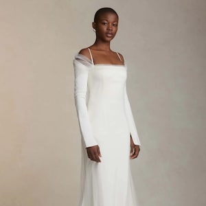 Modern square neck wedding dress Off the shoulder wedding dress Minimalist tulle wedding dress Long sleeves Simple sheath wedding dress LUNA