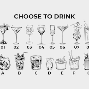 May include: Black and white line art illustration of various cocktails and mixed drinks. The text "CHOOSE TO DRINK" is at the top. Each drink is numbered or lettered for easy selection. Includes a margarita, martini, and more.