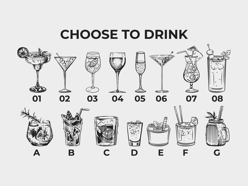 May include: Black and white line art illustration of various cocktails and mixed drinks. The text "CHOOSE TO DRINK" is at the top. Each drink is numbered or lettered for easy selection. Includes a margarita, martini, and more.