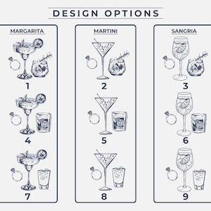 K&ouml;nnte beinhalten: Schwarz-Wei&szlig;-Illustrationen von Cocktail-Designoptionen, darunter Margarita, Martini und Sangria. Jedes Design zeigt ein Cocktailglas, ein kleines Glas und einen Ring. Der Text "DESIGN OPTIONS" befindet sich oben.