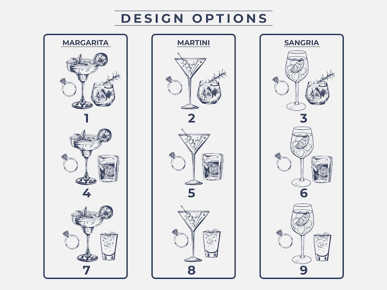 K&ouml;nnte beinhalten: Schwarz-Wei&szlig;-Illustrationen von Cocktail-Designoptionen, darunter Margarita, Martini und Sangria. Jedes Design zeigt ein Cocktailglas, ein kleines Glas und einen Ring. Der Text "DESIGN OPTIONS" befindet sich oben.