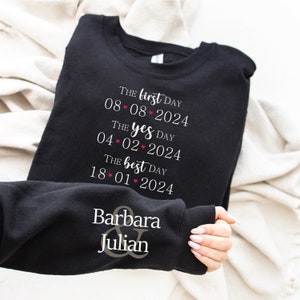 Custom Bride and Groom Sweatshirt with Name on Sleeve, Personalized Date Bride Gift, Bridal Party Gifts, Anniversary Gift, Wedding Outfit