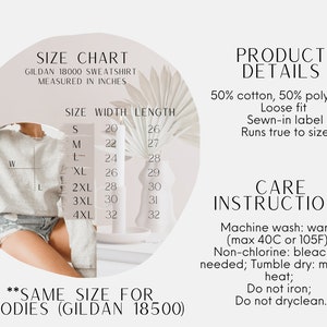 May include: Size chart for a Gildan 18000 sweatshirt, showing width and length measurements in inches for sizes S through 4XL. The chart also includes care instructions for the sweatshirt, which include machine washing in warm water, tumble drying on medium heat, and not ironing or dry cleaning.