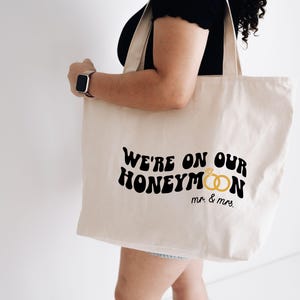We Are On Our Honeymoon Canvas Tote Bag, Beach Tote Bag For Honeymoon, Honeymoon Gifts, Newlywed Gift, Just Married Gifts, Honeymooners Gift