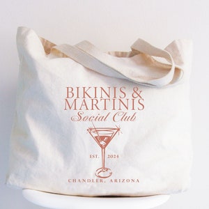 Benutzerdefinierte Pool Junggesellinnenabschied Einkaufstasche, Bikinis und Martinis Tote, Social Club Bachelorette Totes, Braut Hochzeit Tote, Brautjungfer Geschenk