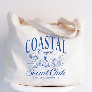 Custom Coastal Cowgirl Bachelorette Tote Bag, Cowgirl Beach Bachelorette Party Favor Bags, Western Social Club Bachelorette Gifts Tote Bag