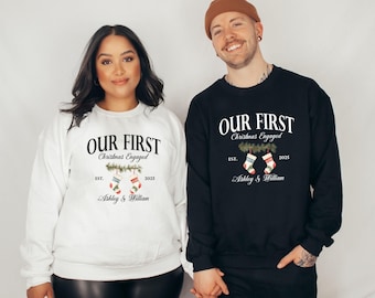 Custom Our First Christmas Engaged Matching Sweatshirts, Couple Gift