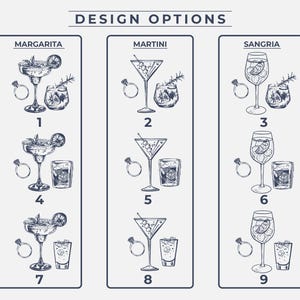May include: A design options chart for a cocktail menu with nine different cocktail illustrations. The cocktails are divided into three categories: Margarita, Martini, and Sangria. Each cocktail is numbered 1 through 9.
