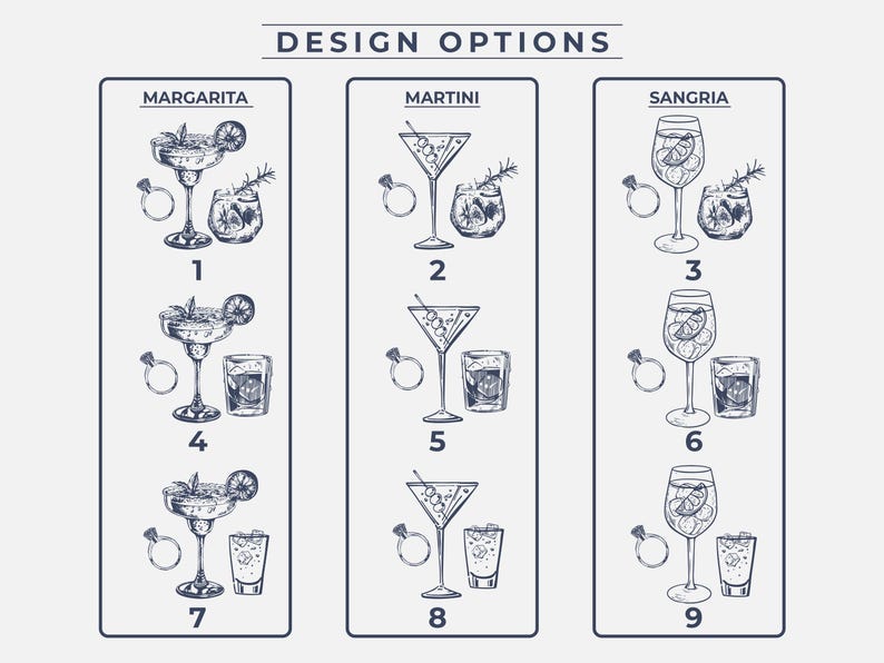 May include: A design options chart for a cocktail menu with nine different cocktail illustrations. The cocktails are divided into three categories: Margarita, Martini, and Sangria. Each cocktail is numbered 1 through 9.