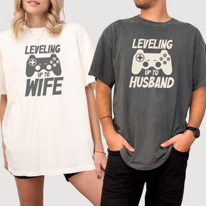 Leveling Up To Wife Husband Matching Shirts, Gamer Bride Shirt Comfort Colors®, Wedding Gift For Gamer, Engagement Gift, Gamer Husband Gift