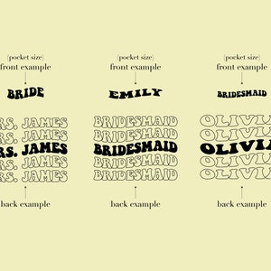 K&ouml;nnte beinhalten: Ein Mockup von drei verschiedenen, taschengro&szlig;en B&uuml;gelbildern f&uuml;r eine Hochzeitsfeier. Die Patches sind schwarz-wei&szlig; und zeigen auf der Vorderseite die W&ouml;rter "Bride", "Emily" und "Bridesmaid". Die R&uuml;ckseite der Patches zeigt die W&ouml;rter "Mrs. James", "Bridesmaid" und "Olivia" f&uuml;nfmal wiederholt.