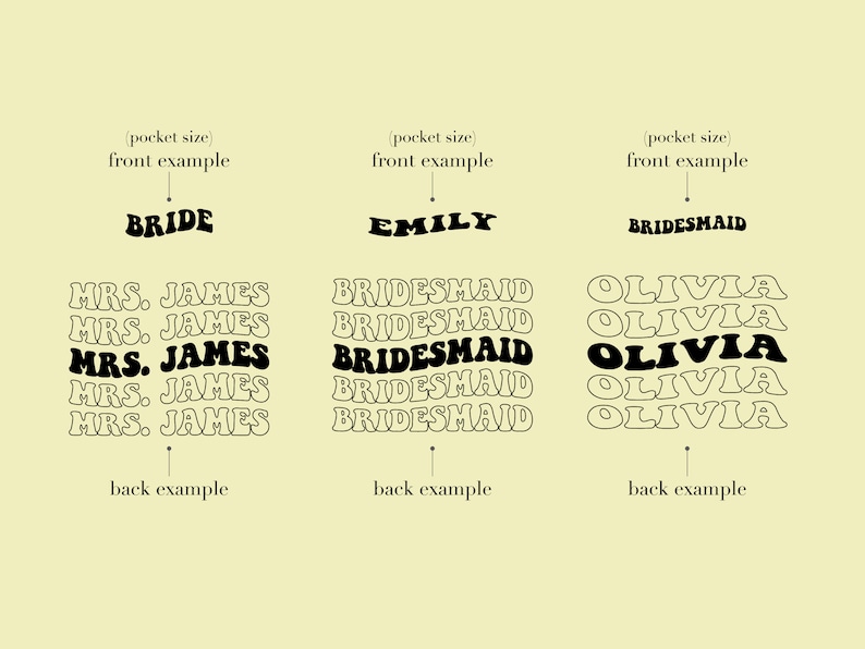 K&ouml;nnte beinhalten: Ein Mockup von drei verschiedenen, taschengro&szlig;en B&uuml;gelbildern f&uuml;r eine Hochzeitsfeier. Die Patches sind schwarz-wei&szlig; und zeigen auf der Vorderseite die W&ouml;rter "Bride", "Emily" und "Bridesmaid". Die R&uuml;ckseite der Patches zeigt die W&ouml;rter "Mrs. James", "Bridesmaid" und "Olivia" f&uuml;nfmal wiederholt.