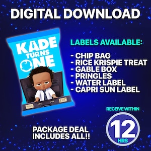 Afdrukbare feestbedankje Boy Boss Baby | Verjaardagslabels | Etiketten verjaardagsfeestje jongen | Gepersonaliseerde digitale download