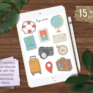 May include: A digital illustration of travel-themed stickers on a tablet, including a passport, suitcase, camera, and globe. The text on the tablet says "bujo studio". The image also includes the text "15 DIGITAL STICKERS" and "PRE-CROPPED, HAND-DRAWN CLIP ART FOR GOODNOTES + INDIVIDUAL PNG'S".