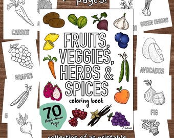Puede incluir: Un libro para colorear titulado "FRUTAS, VERDURAS, HIERBAS Y ESPECIAS" con ilustraciones dibujadas a mano de varias frutas, verduras, hierbas y especias. El libro incluye 70 páginas para colorear imprimibles y digitales. La imagen también muestra tarjetas individuales con ilustraciones de productos.