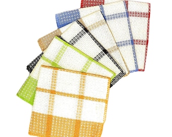 May include: A collection of colorful kitchen towels arranged in a fan shape. Each towel features a white background with a grid pattern and borders in various colors, including red, blue, green, and orange. The towels are made of a woven fabric.