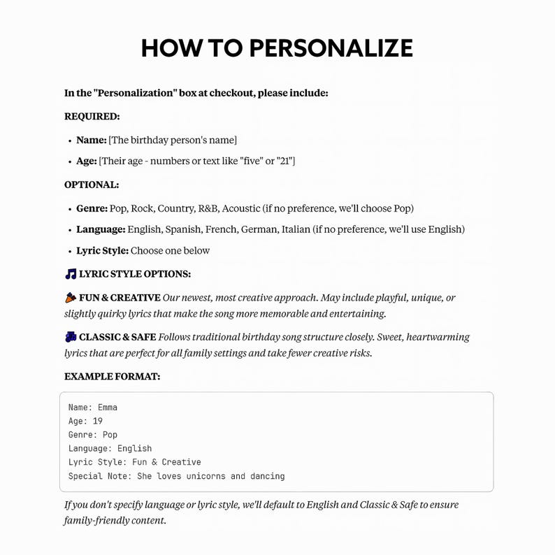 May include: A white background with the text "HOW TO PERSONALIZE" at the top. The text provides instructions for personalizing an item, including name, age, genre, language, and lyric style options. An example format is also provided.