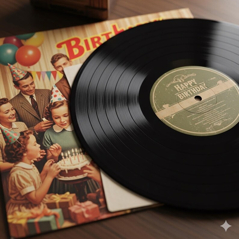 May include: A black vinyl record with a green and tan label that reads "HAPPY BIRTHDAY" rests on a vintage birthday party album cover. The album cover features a retro illustration of a family celebrating a birthday with a cake and balloons.
