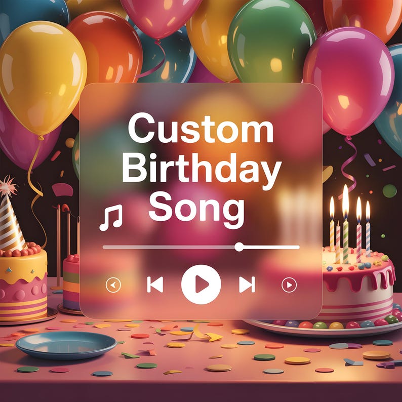 May include: A festive birthday scene with colorful balloons, confetti, and a frosted cake with lit candles. A transparent overlay displays the text "Custom Birthday Song" with music controls, suggesting a personalized musical gift.