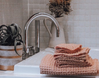 Essuie-mains gaufrés en lin doux, serviettes de toilette et doubles tampons de nettoyage, ensemble d'accessoires de salle de bain en lin gaufré