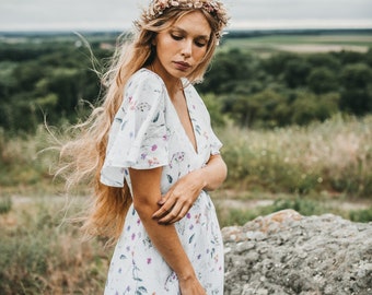 Linnen bloemen trouwjurk lange linnen jurk zomer Wildflower trouwjurk handgemaakte linnen lange jurk Doloris