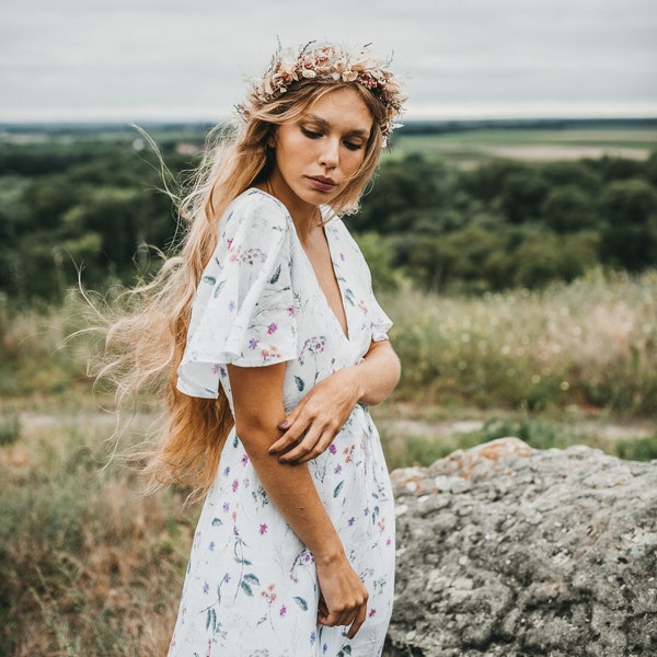 Linnen bloemen trouwjurk lange linnen jurk zomer Wildflower trouwjurk handgemaakte linnen lange jurk Doloris