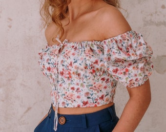 Linen Crop top Summer Linen blouse Handmade Linen Top Floral Linen Crop top