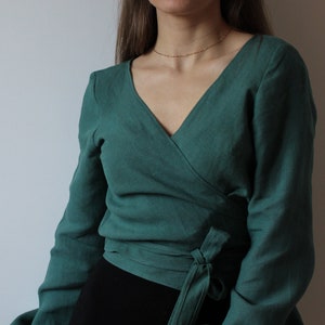 IN STOCK ~ Linen Wrap Blouse For Women Handmade LInen Wrap Top With Long Puffy Sleeves MALLEE