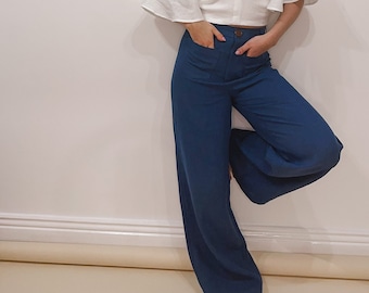 EN STOCK ~ Pantalon en lin pour femme - Pantalon large en lin pour elle - Pantalon en lin taille haute - Pantalon en lin avec poches sur le devant SUE