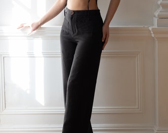 Pantalones de lino para mujer - Pantalones de lino de pierna ancha - Pantalones de lino de cintura alta- Pantalones de lino con bolsillos delanteros SUE