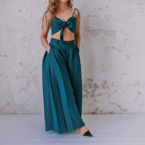 Linen Pants For Women HAZEL, High Waisted Linen Pants With Pockets Soft Casual Linen Wide Trousers