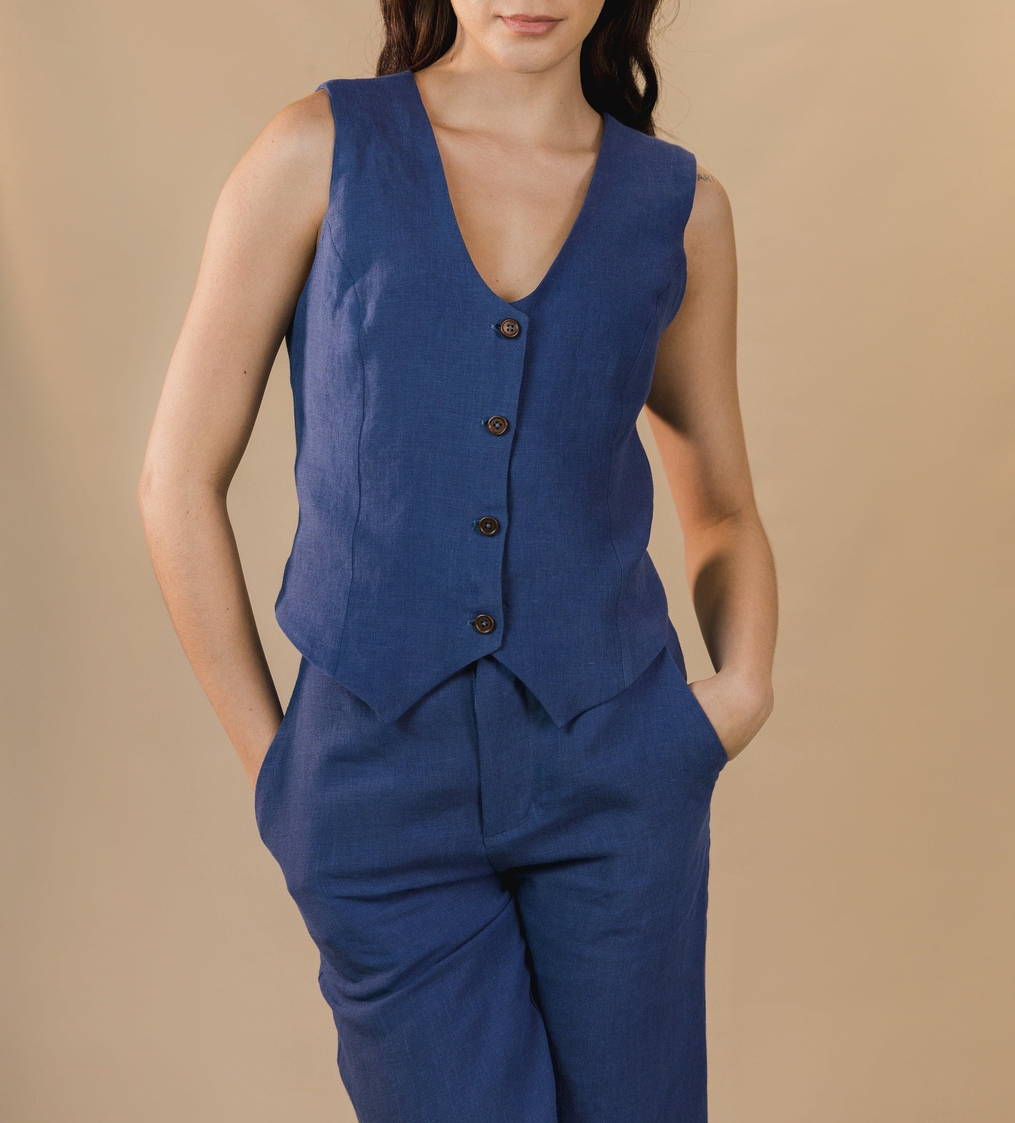 アウターその他 LIVIANA CONTI Woman Waistcoat Blue L4WC47 N08-0 Linen Suit Waistcoat for Women, Linen Summer Waistcoat