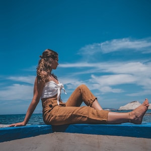 Pantalones de lino para mujer con bolsillos, pantalones de lino hechos a mano, ajustados AUDREY