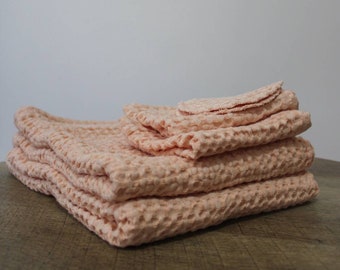 Soft Linen Waffle Hand towel, Face towels and Cleaning Double Linen pads,Light Pink Set Waffle Linen Towels