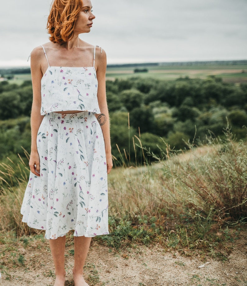 Linen Midi Shirt for Women, Linen Floral Midi Skirt, Elegant Linen Skirt AGNES zdjęcie 2