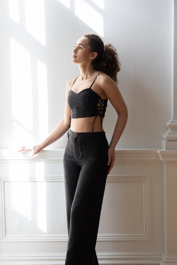 High waisted black linen trousers deals
