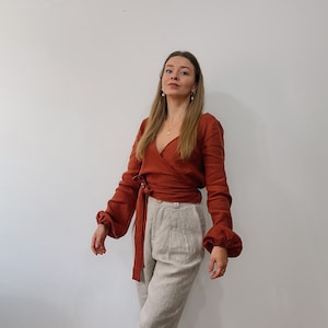 MALLEE Linen Wrap Blouse For Women Handmade Linen Top With Long Puffy Sleeves