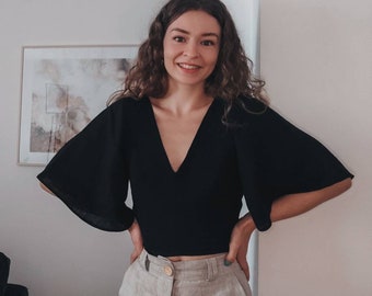 Linnen blouse handgemaakte crop top zacht casual linnen korset linnen top korte mouwen natuurlijk linnen cadeau voor haar LEILANI