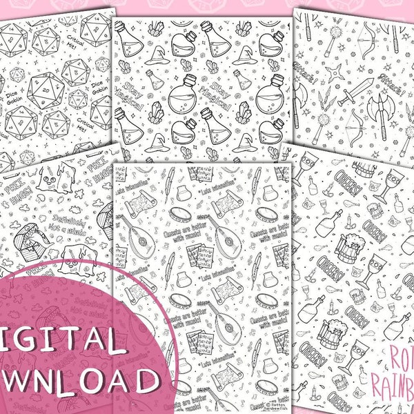 6 x PRINTABLE Digital Download Colouring Pages // TTRPG Colouring, Tabletop RPG Colouring, D&D Colouring, Dungeon Master Gift, Geek Gifts